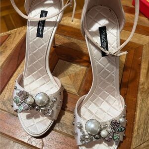 Dolce & Gabbana Pink Pearl & Crystal Embellished Open-Toe Heels